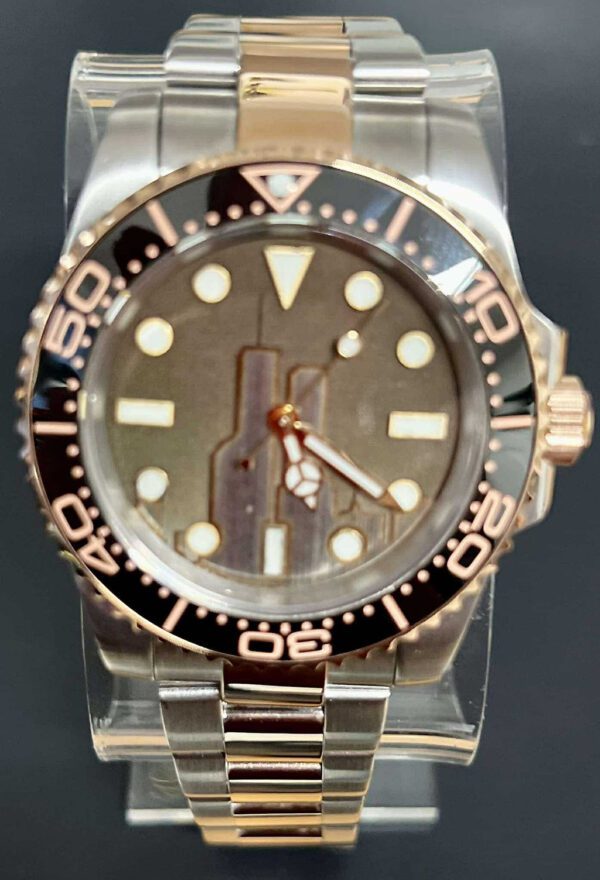 Front angle of the 2 Tone watch on a clear stand